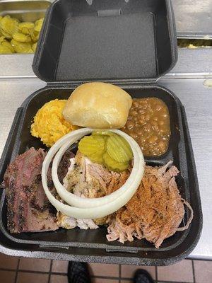 3 Meat Plate Pulled Pork smoke Chicken Breast and good ole smoked brisket barbecue beans and mac cheese onions and pickles butter roll yum