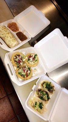 (Left) Wet Burrito with rice and beans 
(Middle) Sopes choice of meats 
(Right) tacos