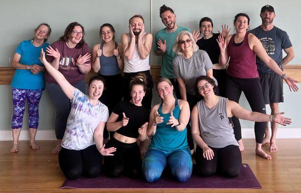 My "Final Teach" during the 200-hr Yoga Teacher Training. (I'm in the blue on the front row, complete with finger guns.)