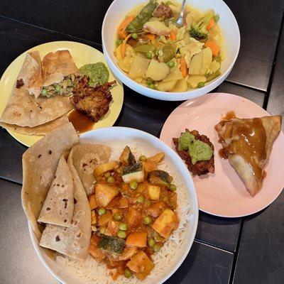 Vegetable Curry and Roti, Vegetable Shyakpa, Samosas, Pakora