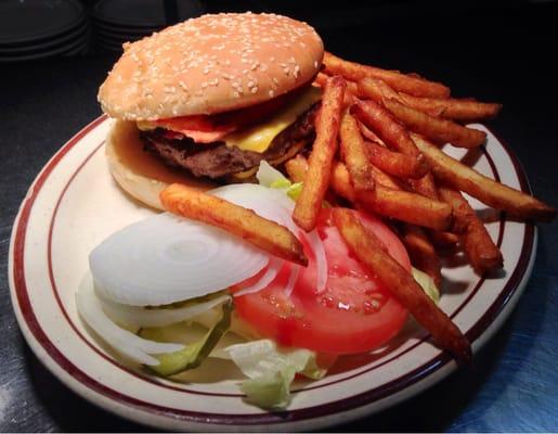 Double bacon cheeseburger with seasoned fries.