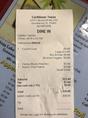 Receipt with add on of 3.9% for non cash