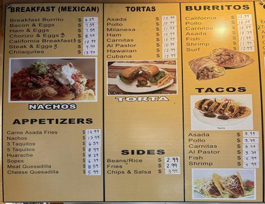 Mexican breakfast, Appetizers, Tortas, Sides, Burritos and tacos menu. 10/1/2024