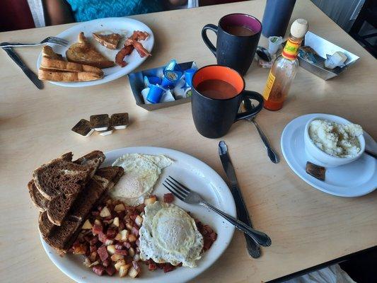 Corned beef hash and French toast.