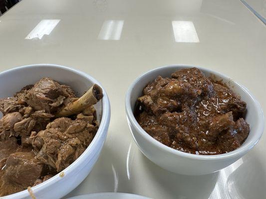 Chicken and pork adobo and beef caldereta.