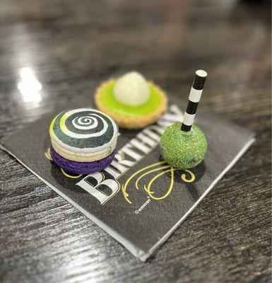 Beetlejuice Themed treats...glitter cake pop, PB&J macaron and key lime tart