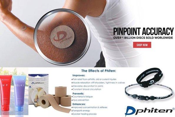 Phiten: Japanese company producing apparel, athletic tape, supports, gels, necklaces and bracelets, other wellness-related products.