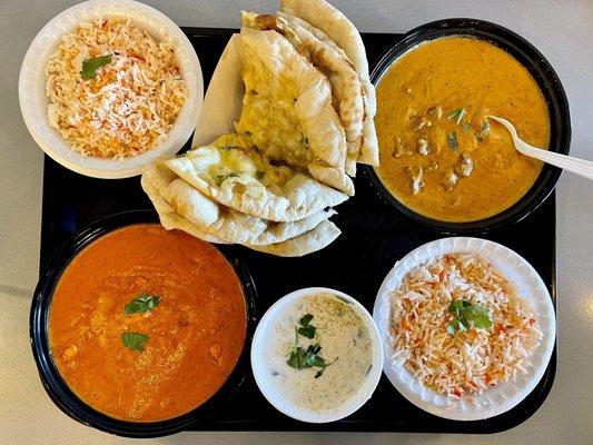 Garlic Naan, Lamb Korma, Butter Chicken, Raita