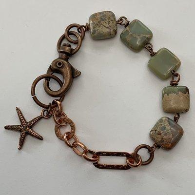 Hand-made copper bracelet, with recycled copper, ocean jasper and a beautiful copper starfish to remind you of your walk on Tybee's beach.