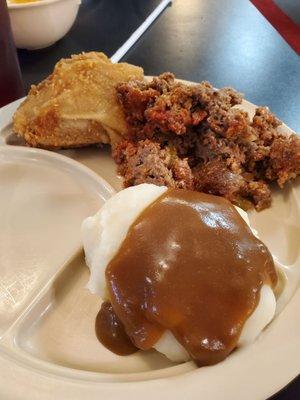 Fried chicken, meatloaf, mashed potatoes