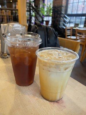 Black Tea w/ 3 raspberry pumps , Iced White Mocha