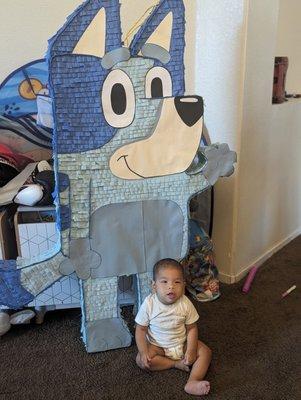 5 ft custom made Bluey piñata. 1-year old for size reference