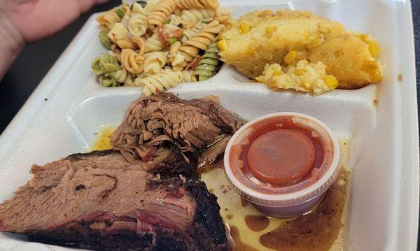 1 Meat Dinner + 2 Sides ( Sliced Brisket, Pasta Salad  and Corn Casserole)