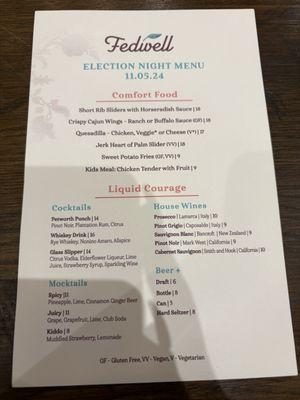 Election Night Sneak Peak Menu