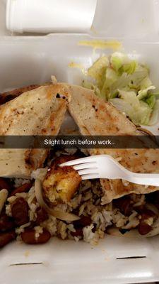 Grilled chicken, white rice with brown beans and side salad