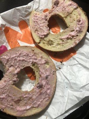 Bagel "toasted" with strawberry cream cheese. How stingy... so disappointing.