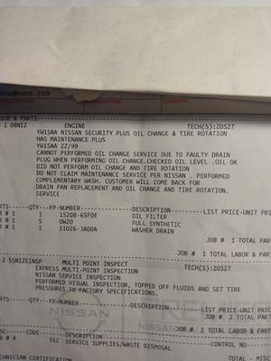 Premier Nissan A.K.A. Sutherlin Nissan Mall of Georgia 3520 Buford Dr Buford Ga 30519 service receipt for damaged oil pan