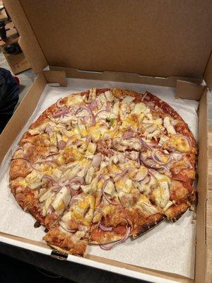 Large 2 topping with chicken and red onion.  Adding cheddar is a nice touch!