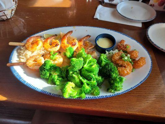 First 3 of unlimited shrimp....tequila lime, grilled and crunchy dragon. My broccoli was steamed to perfection and no salt as requested.