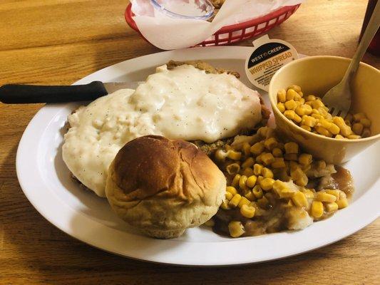 Chicken Fried Steak, Creamed (mashed) Potatoes, Corn and Roll.