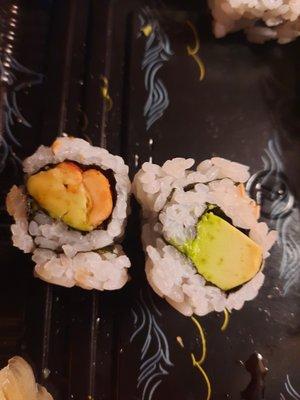 vegetarian maki... peanut avocado roll (left) and avocado roll (right)
 its literally 2 peanuts tucked into an avocado roll, not interesting