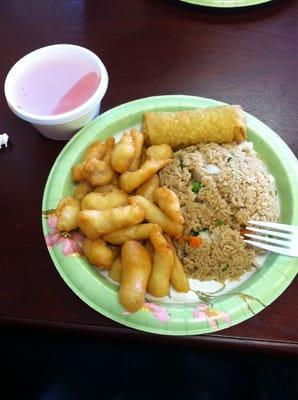 Sweet and Sour chicken with chicken fried rice and a veggie eggroll.