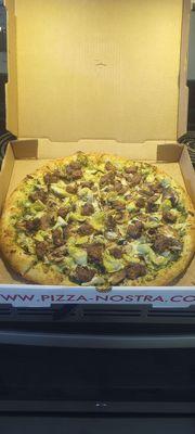 Pizzatna Pizza - Sausage, Artichoke hearts, Mushrooms, Onion, Pesto Sauce. 10/10