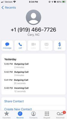 Call missed at 5:40, called back and was sent to voicemail. Phone died during next call. Called back and paid bill.