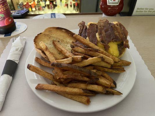 Bacon Horseradish cheddar burger with well done fries.