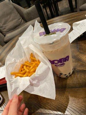 Coconut milk tea and BBQ fries (already half eaten bc I couldn't wait)