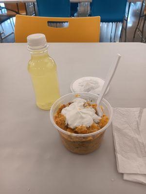 A loaded rotel potato bowl and a lemonade