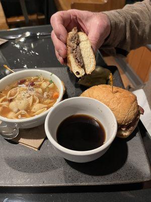 Prime rib dip sandwich and house made minestrone.