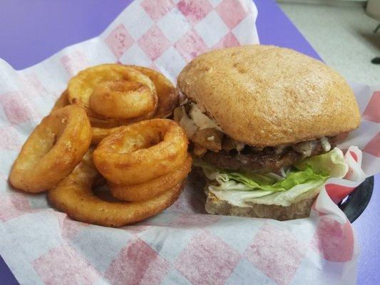 Mushroom burgers and onion rings $14.20. Burger 9.99