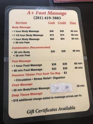 9/18 Pricing - the 1 hour foot massage is AMAZING!