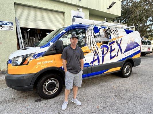 H. Fletcher Turner III, Owner of APEX Electrical Services, LLC, in front of our new, redesigned work van!