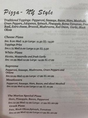 Pizza menu