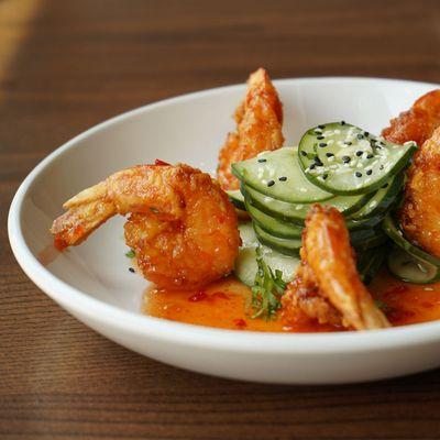 Firecracker Shrimp: crispy colossal shrimp, firecracker sauce, sesame, cilantro cucumber salad