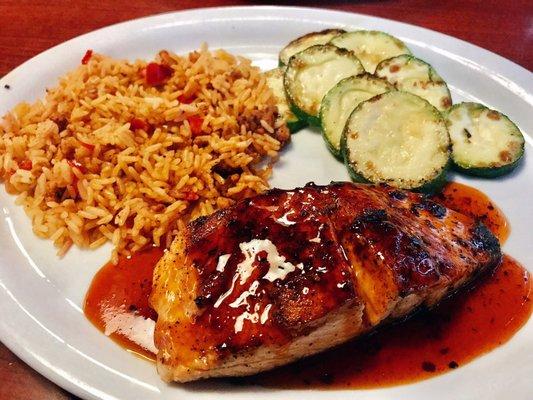 Hickory Bourbon Salmon with Dirty Rice & Grilled Zucchini