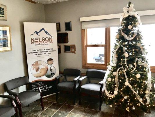 Waiting room at Nelson Chiropractic. Happy Holidays!