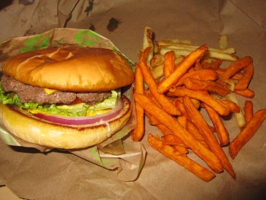 180 Degree Cheeseburger and 50/50 fries (regular potato fries, sweet potato fries).