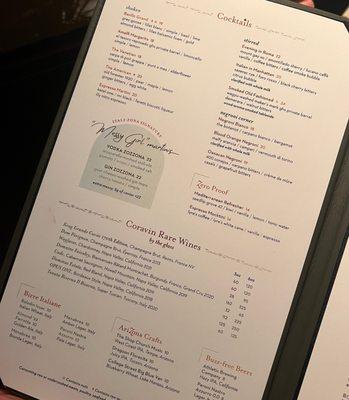 Cocktails and drinks menu