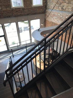 Looking down over the coffee shop from the upper level.