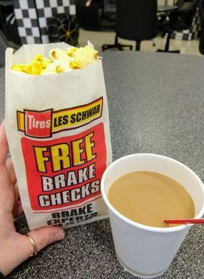 Coffee and popcorn, happily waiting.