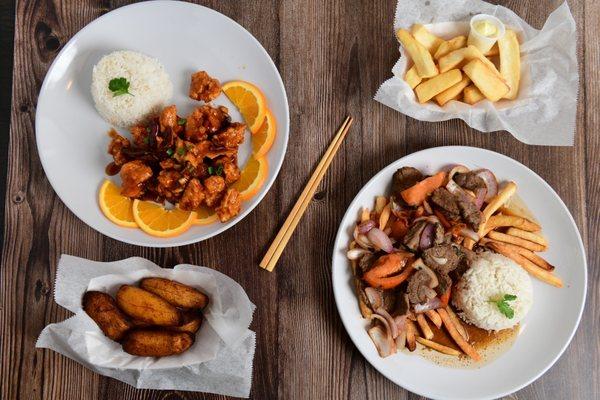 Orange chicken, lomo saltado, yuca and plantain