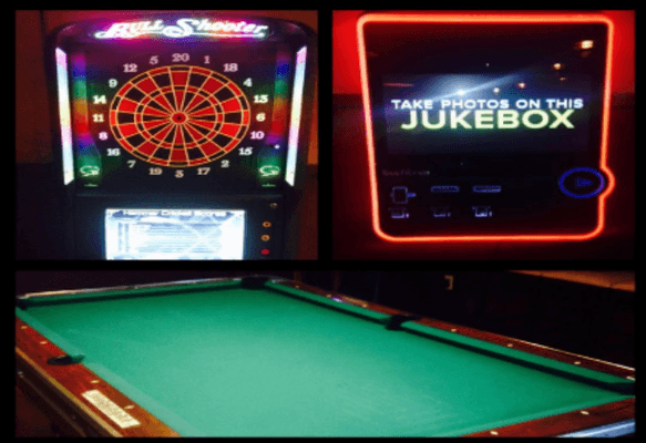 Dart Board, Jukebox, Pool Table