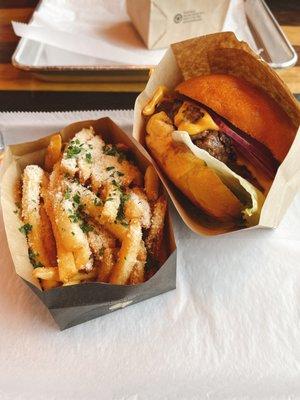 Black label burger with truffle fries