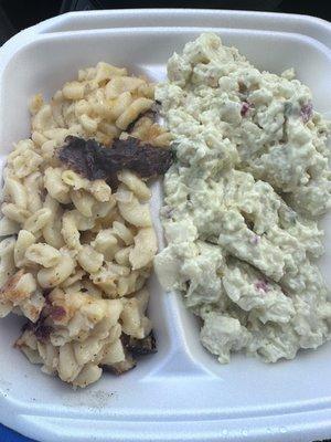 Burnt Macaroni and cheese with potato salad this portion was $10