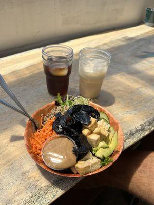 thai tofu bowl, chai ginger latte, and cardamom cold brew