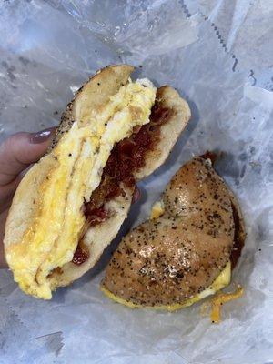 Bacon egg and cheese on everything bagel