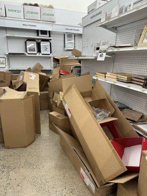 Boxes of trash blocking isles with empty shelves